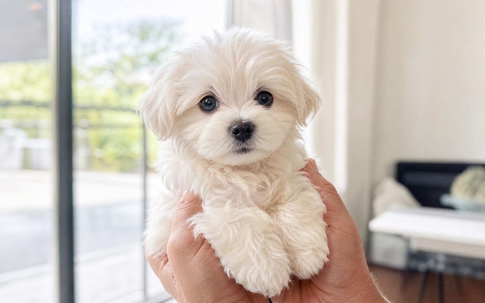 Cachorro Bichón Maltés blanco en brazos