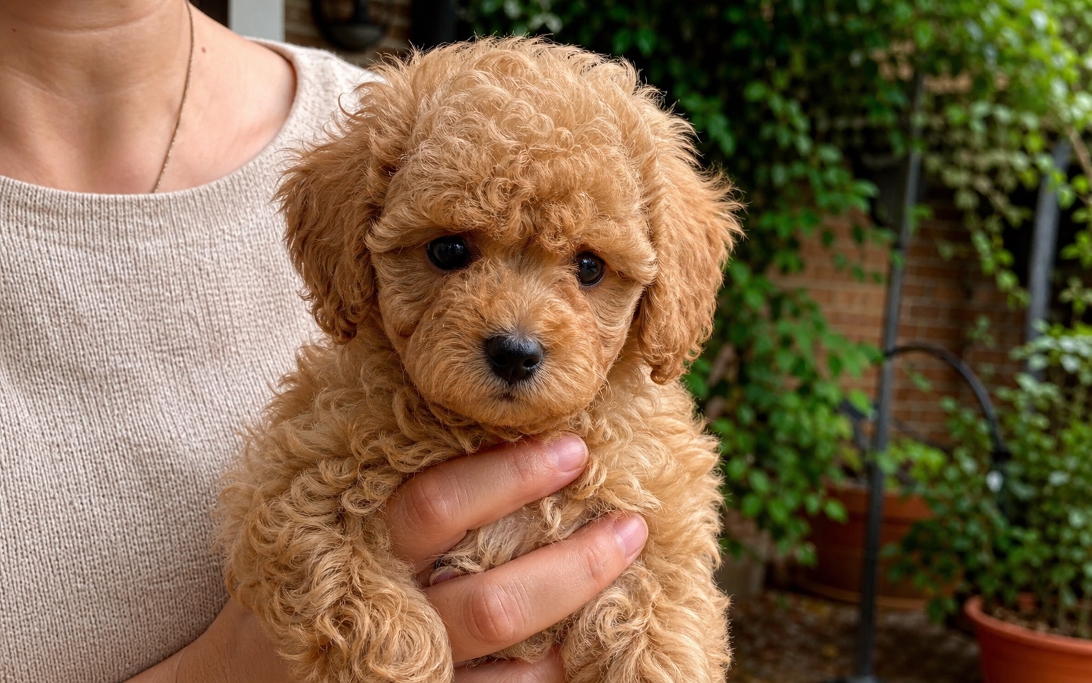 Cachorro caniche toy apricot en brazos