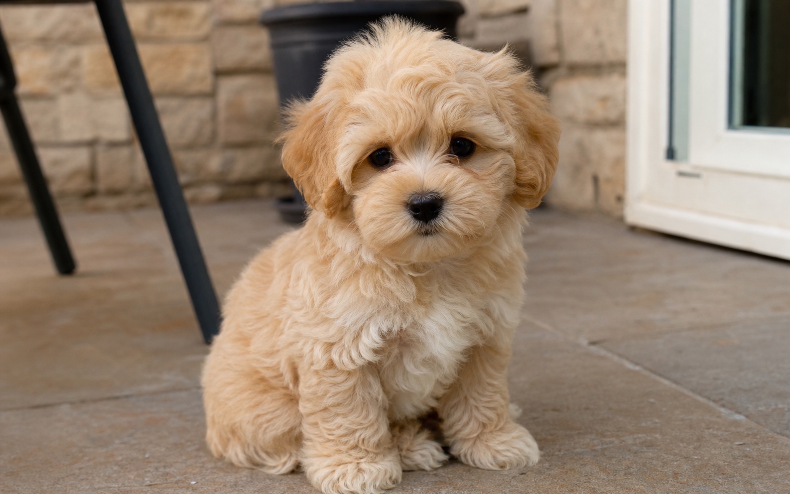 Cachorro Maltipoo apricot sentado en una terraza